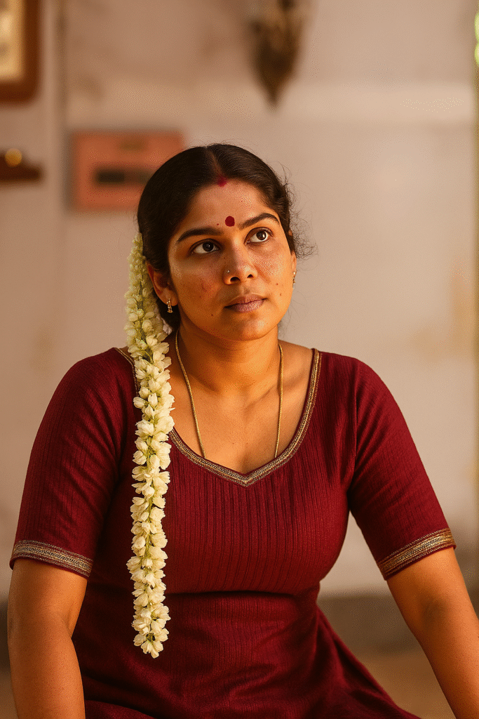 A woman with dark hair pulled back, adorned with a long string of white jasmine flowers draped over her left shoulder, looks upwards and to her right with a thoughtful expression. She is wearing a maroon or deep red top or kurti with a V-neckline and subtle gold patterned borders on the sleeves. A thin gold chain is around her neck, and a small red bindi is on her forehead, along with a small nose stud. The background is softly blurred and light-colored, possibly an indoor setting.