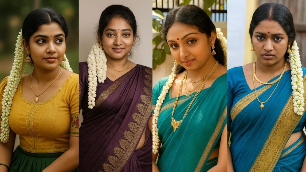 A four-panel image featuring different young women, each adorned with traditional Indian attire and flower garlands. From left to right: The first panel shows a woman in a mustard yellow top and green skirt, looking to her right with a slight smile. The second panel features a woman in a deep purple sari with gold trim, looking directly at the viewer with a gentle smile. The third panel displays a woman in a teal sari with intricate gold necklaces and earrings, gazing softly to her left. The fourth panel shows a woman in a royal blue sari with gold trim, her expression more serious as she looks towards the viewer. All women have their dark hair parted in the middle and adorned with white flower garlands.