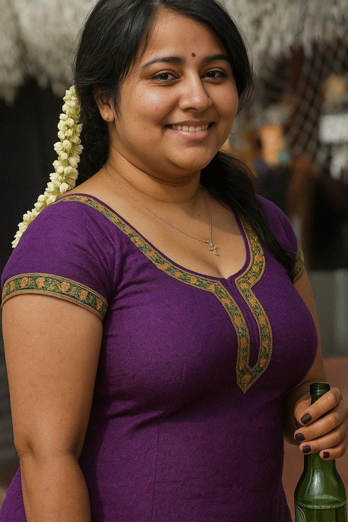 A smiling Indian woman with long, dark hair, styled with a side part and a long braid that extends over her left shoulder, adorned with a long string of white jasmine flowers. She is holding a green glass bottle in her left hand, which is resting on her lap. She is wearing a deep purple top or kurti with a wide, rounded neckline and short sleeves, featuring elaborate gold and green embroidery around the neckline and a matching border on the sleeves. She has a delicate gold chain with a small pendant around her neck and a red bindi on her forehead. The background is blurred, showing a rustic outdoor setting with hints of structures.