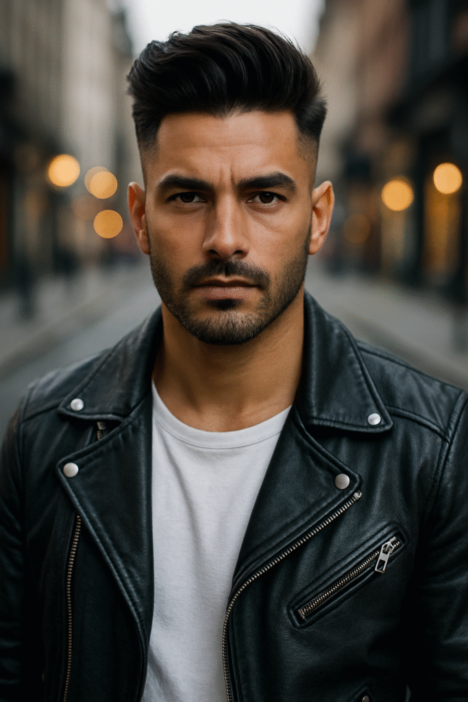 A medium shot of a man with dark hair styled in a quiff and faded sides, a short beard, and dark eyes, looking directly at the viewer with a serious expression. He is wearing a black leather jacket over a white t-shirt. The background is a blurred street scene with warm, out-of-focus lights, possibly indicating an evening or night setting.