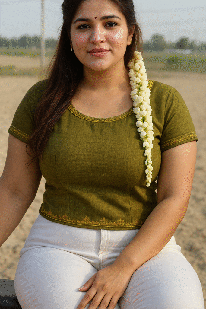 A medium shot captures a young woman sitting, looking directly at the viewer with a soft, gentle smile. She has long, dark brown hair, with a thick garland of white flowers draped over her right shoulder, extending down past her chest. She is wearing a short-sleeved, olive green top with a rounded neckline, featuring a delicate gold embroidered border along the neckline and the bottom hem. The embroidery on the bottom hem shows a subtle pattern. She is also wearing light-colored, possibly white or off-white, trousers. The background is blurred, showing a light brown, earthy ground, possibly a field, under what appears to be daylight.