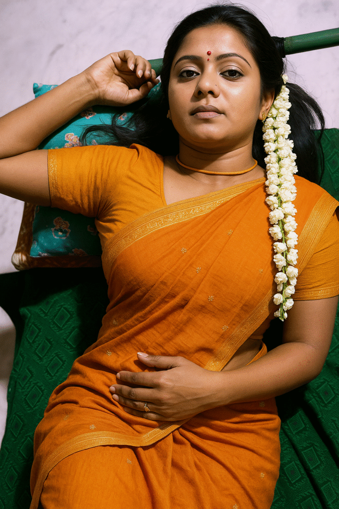 A medium shot captures a woman reclining on a green surface, possibly a bed or bench, looking directly at the viewer with a thoughtful expression. She has dark hair, styled with a long string of white flowers cascading over her left shoulder. A small red bindi is visible on her forehead, and a subtle red line is visible in the parting of her hair. She is wearing a vibrant orange saree with a gold patterned border and a matching short-sleeved blouse. A thin gold choker necklace is around her neck, and a simple ring is visible on the ring finger of her right hand, which rests on her stomach. Her left arm is bent, with her hand resting on her head, which is on a teal and gold patterned pillow. The background is a dark, indistinct wall. The lighting is soft and even, highlighting her features.