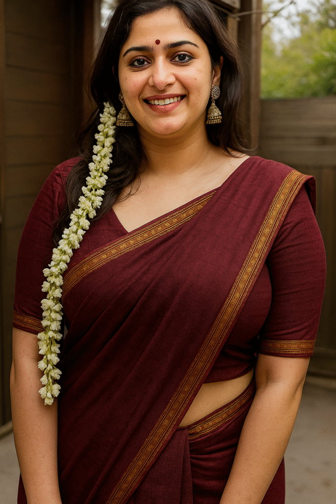 A medium shot captures a woman smiling broadly at the viewer. She has long, dark hair, with a lengthy string of white flowers cascading over her left shoulder. A small red bindi is visible on her forehead. She is wearing a deep maroon saree with a gold patterned border, and a matching blouse with short sleeves. Intricate gold jhumka earrings dangle from her ears. The background is softly blurred, showing dark wooden panels or a door. The lighting is soft and even, highlighting her joyful expression and the details of her attire.
