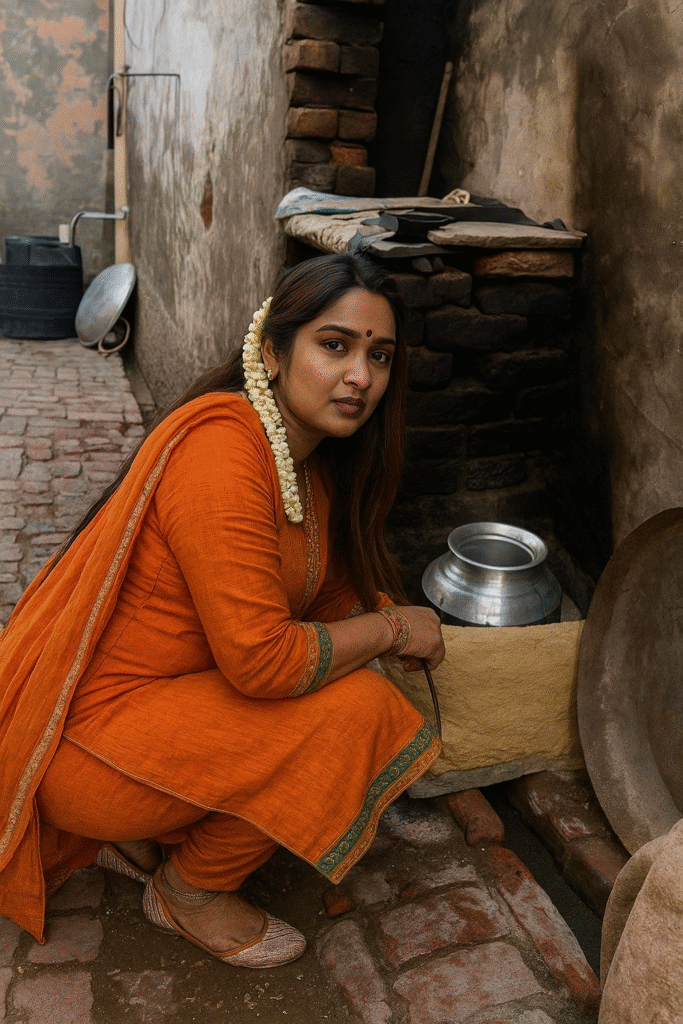 A medium shot captures a woman squatting outdoors, looking directly at the viewer. She has long, dark hair with a string of white flowers woven into it, cascading over her right shoulder. A small red bindi is visible on her forehead. She is wearing a bright orange salwar kameez with a green and gold patterned trim on the sleeves and hem. On her left wrist, she wears several gold bangles. To her right, a large silver pot sits on a raised, light-colored surface. The background shows a rustic setting with brick and mud walls, suggesting an older or rural environment. Various household items are visible in the background, including another pot and some indistinct objects. The lighting is soft and natural.