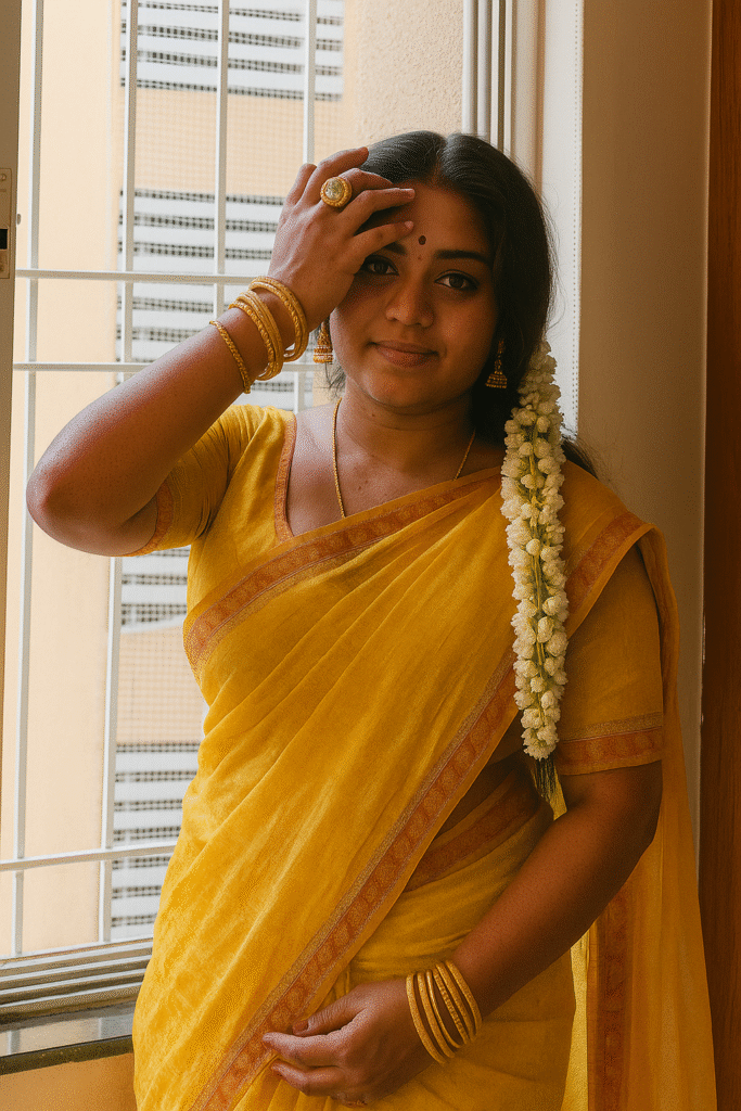 A medium shot captures a woman standing indoors, looking directly at the viewer with a slight smile. She has dark hair, a small red bindi on her forehead, and a long string of white flowers cascading over her left shoulder. She is wearing a bright yellow saree with a subtle gold patterned border. Her right hand is raised to her forehead, adorned with multiple gold bangles on her wrist and a large gold ring on her ring finger. Gold earrings dangle from her ears, and a delicate gold chain is visible around her neck. In the background, a window with horizontal blinds and the outline of a building are visible, suggesting an urban setting. The lighting is soft and natural, illuminating her face and the vibrant color of her saree.
