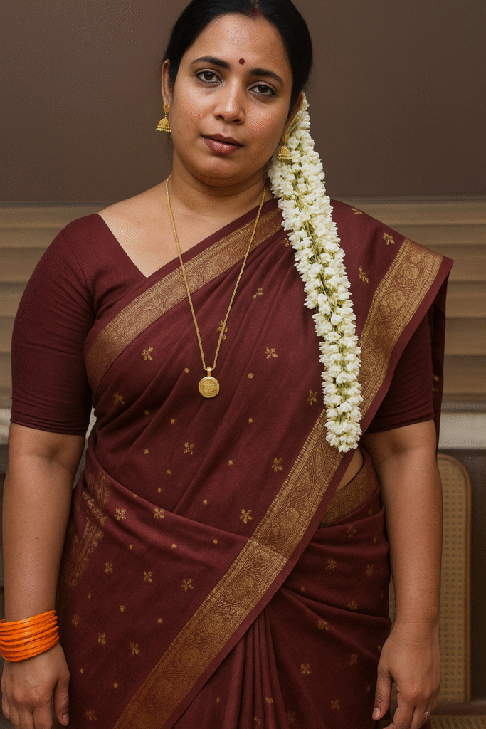 A medium shot captures a woman looking at the viewer with a neutral expression. She has dark hair, styled partly pulled back, with a long string of white flowers cascading over her left shoulder. A small red bindi is visible on her forehead, and a subtle red line is visible in the parting of her hair. She is wearing a deep maroon saree with a gold patterned border and small gold motifs scattered across it, and a matching short-sleeved blouse. Gold bell-shaped jhumka earrings dangle from her ears, and a long gold chain with a round pendant is visible around her neck. On her left wrist, she wears multiple bright orange bangles. Her hands are not visible. The background is a soft brown, suggesting an indoor setting. The lighting is soft and even, highlighting the details of her attire.