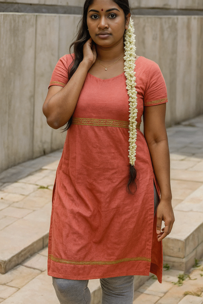 A woman with dark hair, a small red bindi on her forehead, and a long string of white jasmine flowers draped over her left shoulder. She is wearing a short-sleeved, knee-length peach-colored kurti with gold borders at the waist and hem, and small slits on the sides. Underneath, she wears light grey leggings. She has a delicate gold chain with a small pendant around her neck. Her right hand is raised to touch her neck, and she looks directly at the viewer with a neutral expression. The background appears to be a blurred, light-colored concrete or stone wall.