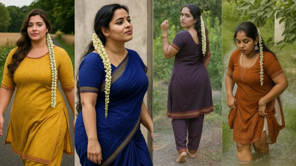 A collage of four images of women. In the first image on the left, a woman with long wavy dark hair and a long jasmine garland draped over her left shoulder is walking towards the viewer on a narrow path with green grass and fields of golden crops on either side. She is wearing a mustard yellow kurti with subtle patterns, three-quarter sleeves, and rust-colored trim, and has a red bindi on her forehead. The second image from the left features a woman with long dark hair, a small red bindi, and a long string of white jasmine flowers over her left shoulder. She is wearing a deep blue saree with a subtle gold border and a matching short-sleeved blouse. She looks to her right with a thoughtful expression against a plain, light-colored wall. The third image from the left shows a woman with dark hair and a long jasmine garland woven into the left side of her hair, seen from a slight back angle. She is wearing a dark purple kurti with a maroon and gold patterned border at the hem and on the short sleeves, and matching purple pants. She is barefoot and standing on a dirt path, with blurred green foliage in the background. The fourth image on the right depicts a woman with dark hair and a long jasmine garland, standing in a shallow stream of water. She is wearing a short-sleeved, rust-colored kurti and is holding up its hem to reveal a white garment underneath. She has a red bindi on her forehead, a nose ring, and large ornate silver earrings. The stream is surrounded by green grass and blurred foliage.