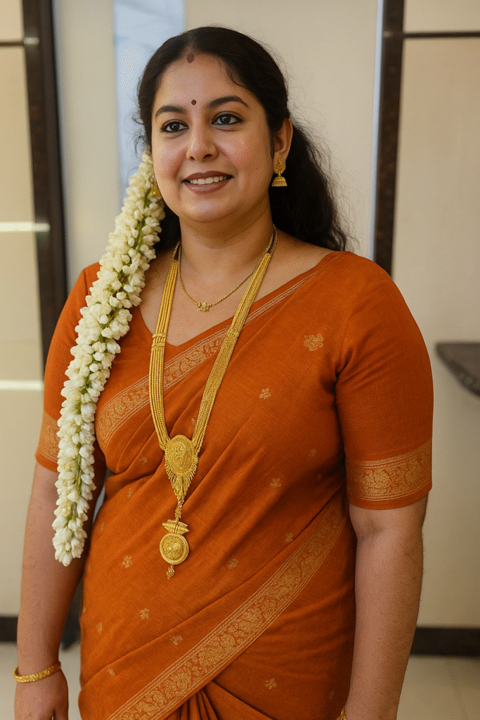 A smiling woman with dark hair, adorned with a long string of white jasmine flowers draped over her left shoulder, looks slightly to her right. She is wearing an orange saree with a subtle gold patterned border and a matching orange blouse. Around her neck, she wears a shorter gold chain with a small pendant and a longer, elaborate multi-strand gold chain with a large, ornate gold pendant. She has a red bindi on her forehead and gold jhumka earrings. Her right wrist has a simple gold bangle. The background is a soft, blurred light color.