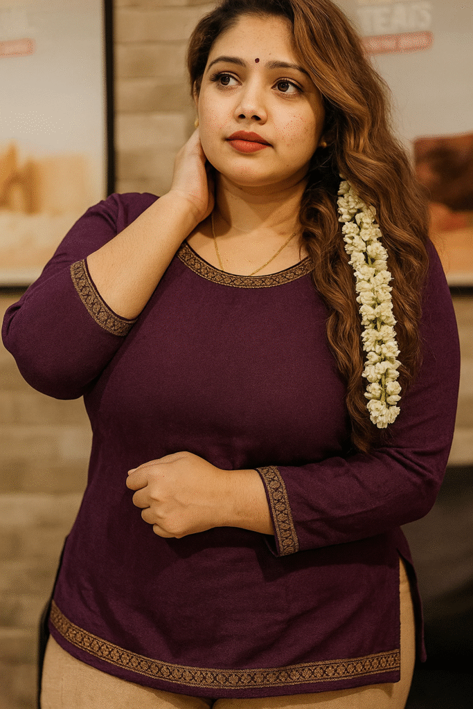A medium shot captures a woman looking to her right, with a hand gently touching the back of her neck. She has long, wavy light brown hair, with a string of white flowers cascading over her left shoulder. A small black bindi is visible on her forehead, and her lips are painted red. She is wearing a dark plum or maroon long-sleeved top with a gold patterned trim around the neckline, cuffs, and hem. A delicate gold chain is visible around her neck. Her left hand is resting in front of her. The background is softly blurred, showing an indoor setting with some indistinct objects and possibly text on a wall. The lighting is soft and even.