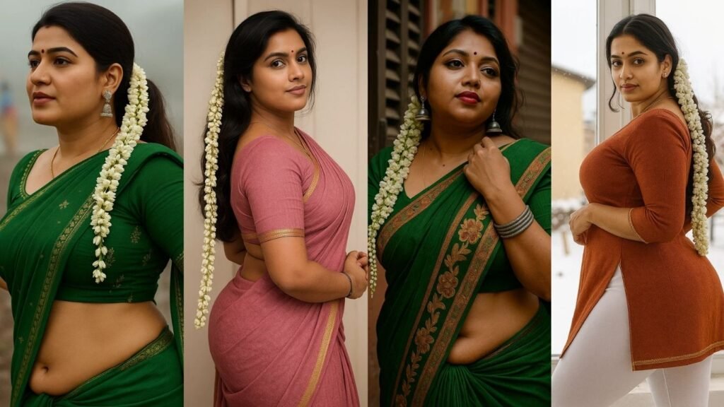 A four-panel collage showcasing different women in traditional South Asian attire, each with a long string of white flowers in their hair. From left to right: A woman in a dark green saree and matching blouse, with her midriff exposed. She wears silver jhumka earrings and a gold chain, looking to her left in a misty outdoor setting. A woman in a pink saree with a gold border. She stands in a three-quarter profile looking at the viewer, with her hands gently clasped, against a light-colored wall. A woman in a dark green saree with an ornate gold and maroon border. She wears large silver jhumka earrings and silver bangles, looking up and to her right, against a textured wall. Her midriff is visible. A woman in an orange-brown long-sleeved tunic with white leggings, looking over her shoulder at the viewer. She is positioned next to a large window revealing a snowy outdoor scene.