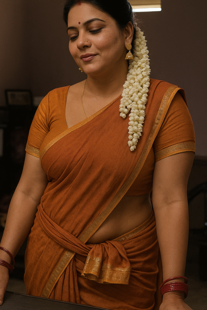 A medium shot captures a woman looking down and to her left with a gentle smile. Her dark hair is styled partly pulled back, with a long string of white flowers cascading over her left shoulder. A small red bindi is visible on her forehead. She is wearing a warm orange-brown saree with a thin gold border, tied with a matching wrapped belt around her waist, and a matching short-sleeved blouse. Gold earrings dangle from her ears, and a delicate gold chain is visible around her neck. On her right wrist, she wears multiple dark red bangles. Her hands are gently resting on a dark surface in the foreground. The background is softly blurred, showing an indoor setting with muted colors. The lighting is soft and warm.