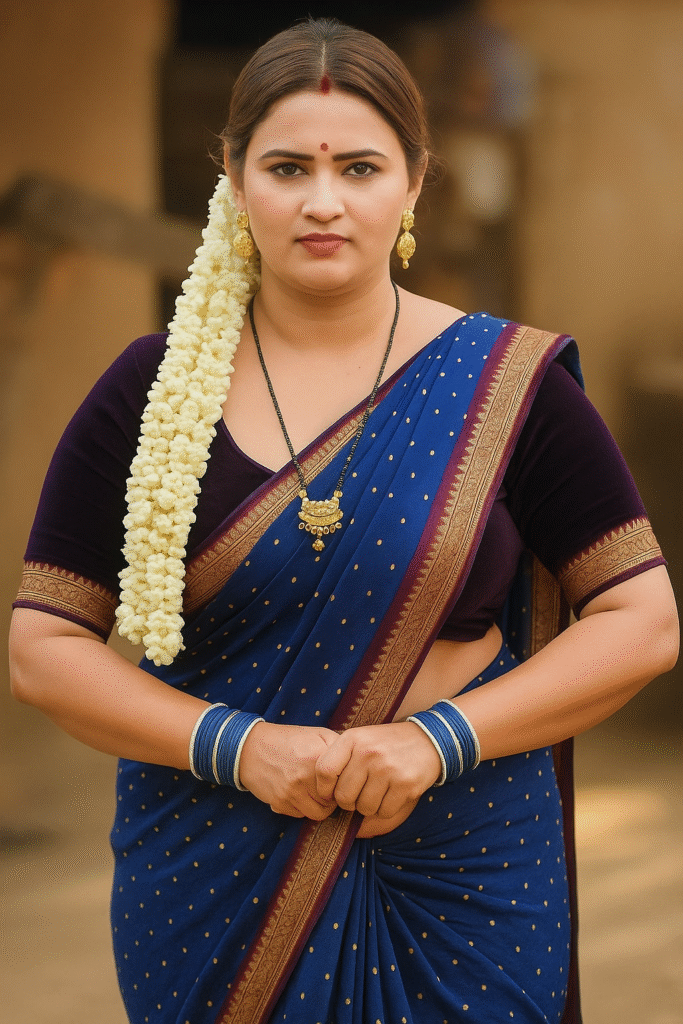 A medium shot captures a woman standing, looking directly at the viewer with a neutral expression. Her hair is styled partly pulled back, with a long string of white flowers cascading over her left shoulder. A small red bindi is visible on her forehead, and a subtle red line is visible in the parting of her hair. She is wearing a deep blue saree with small gold dots and a wide gold and maroon patterned border, along with a dark velvet blouse with short sleeves and gold trim. Ornate gold earrings dangle from her ears, and a long black beaded necklace with a gold pendant is visible around her neck. On both wrists, she wears multiple blue bangles. Her hands are clasped together in front of her. The background is softly blurred, showing an indistinct, light brown outdoor setting. The lighting is soft and even.