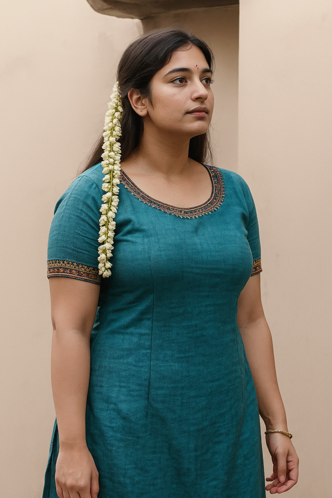 A young Indian woman with dark hair, looking directly at the viewer with a neutral expression. She is wearing a teal-colored top or kurti with a round neckline featuring gold and brown embroidery, and matching embroidered borders on the short sleeves. A long string of white jasmine flowers is draped over her left shoulder and cascades down her chest. A single gold bangle is visible on her left wrist. The background is a plain, light beige or tan wall.