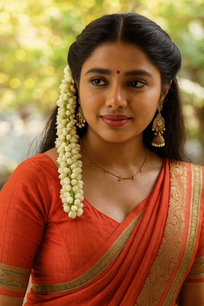 A young Indian woman with dark hair, styled with a side part and some strands pulled back, stands outdoors. Her hair is adorned with a long string of white jasmine flowers cascading over her left shoulder. She is wearing a vibrant orange-red top or blouse with a V-neckline and short sleeves, and a matching saree with intricate gold and green patterns draped over her right shoulder. She wears a delicate gold beaded necklace and large, ornate gold jhumka earrings. A small red bindi is on her forehead, with a few small black dots below it. Her lips are painted with a subtle pink or nude color. She is looking slightly to her right with a soft, gentle smile. The background is blurred, showing soft green foliage and hints of natural light.