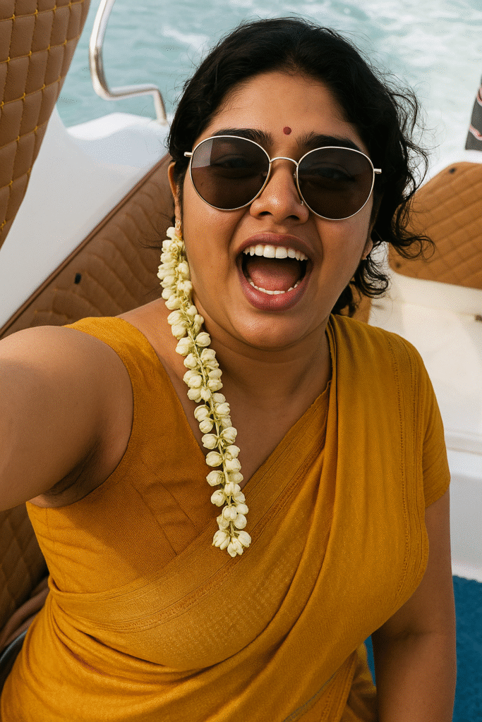 A woman with dark, curly hair and a red bindi on her forehead is captured in a close-up, vibrant shot, appearing to be on a boat. She is wearing large, round sunglasses and draped in a mustard yellow saree. A long string of white jasmine flowers is tucked behind her left ear, extending down past her shoulder. Her mouth is wide open in a joyous expression, revealing her teeth, and she is looking directly at the viewer. The background shows parts of the boat's interior, including a brown cushioned seat and a glimpse of blue.