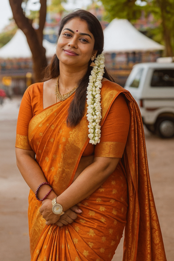 A medium close-up shot of an Indian woman, positioned slightly to her left, looking towards the viewer with a warm smile. She is wearing a vibrant orange sari with a gold patterned border and gold motifs throughout, and a matching orange blouse. Her dark hair is pulled back, with a long string of white jasmine flowers draped over her left shoulder. She has a red bindi on her forehead and is adorned with a gold necklace, gold jhumka earrings, and a few dark red bangles on her left wrist. On her left wrist, she also wears a gold watch with a sparkling face. Her hands are clasped in front of her. The background is a softly blurred outdoor setting with trees, a white tent-like structure, and a white vehicle.