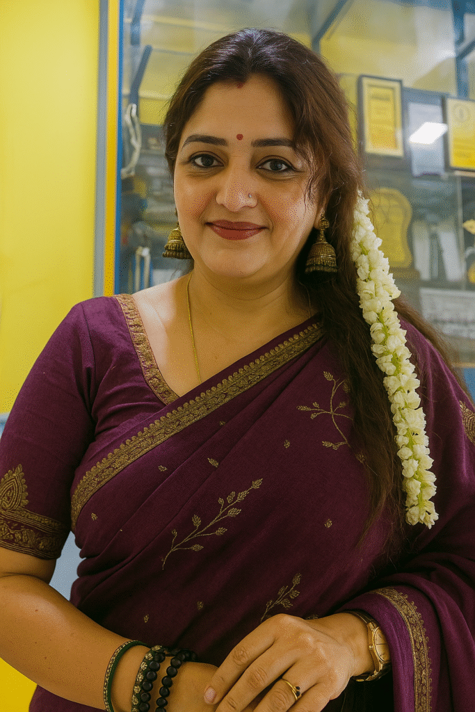 A medium close-up shot of an Indian woman, positioned slightly to her left, looking towards the viewer with a pleasant smile. She is wearing a maroon or deep plum-colored sari with a gold and black patterned border and delicate gold embroidered motifs, along with a matching blouse. Her dark hair is loose, with a long string of white jasmine flowers draped over her left shoulder. She has a red bindi on her forehead and a small nose stud. She is adorned with a thin gold chain, gold jhumka earrings, and a mix of dark and green bangles on her left wrist. On her right wrist, a gold watch is visible. Her hands are clasped in front of her. The background is softly blurred, showing an indoor setting with yellow accents and glass display cases or windows.