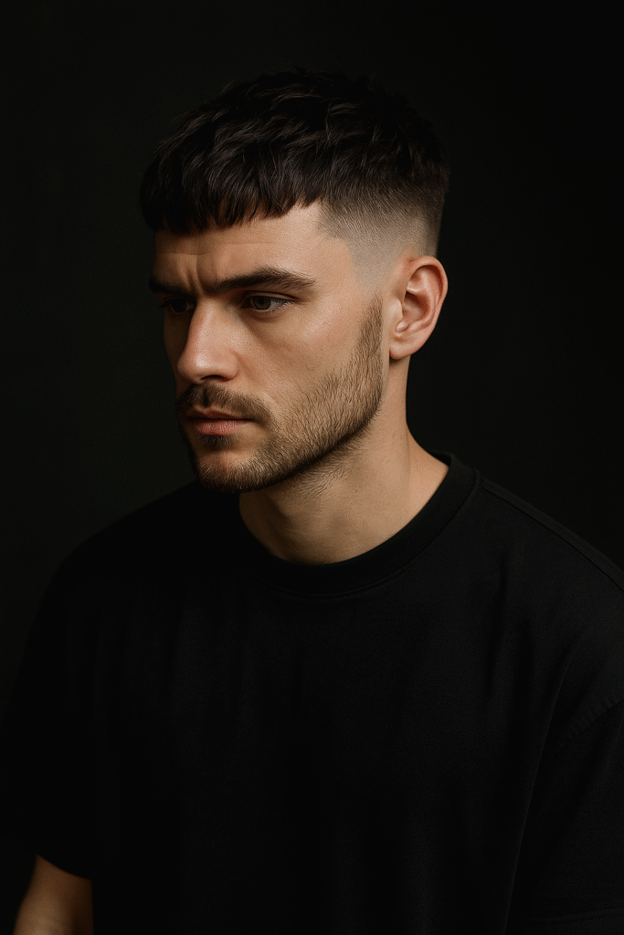 A headshot of a man with short, textured brown hair and a high fade, looking to his left with a focused or intense expression. He has a neatly trimmed beard and is wearing a black crew-neck t-shirt. The background is a solid dark gray or black, emphasizing the man's features.