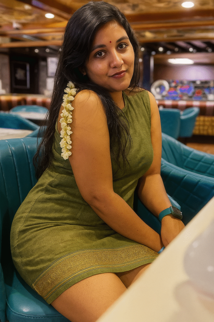 A young woman with long, dark hair, adorned with a string of white flowers on her left side, sits angled slightly to the right in a teal-colored chair. She is wearing a sleeveless, olive-green dress with a gold patterned border along the hem. A red bindi is visible on her forehead. Her left hand rests on her lap, and she appears to be wearing a dark-colored watch on her left wrist. She is looking directly at the viewer with a slight smile. The background is a blurred indoor setting, likely a restaurant or lounge, with various tables and chairs visible.