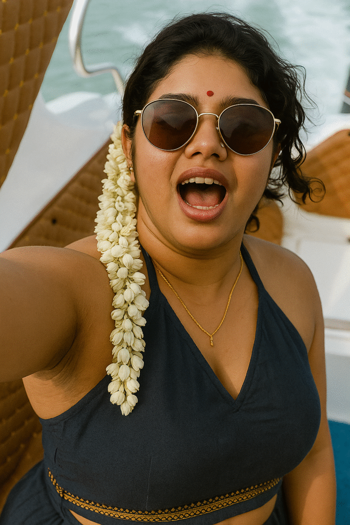 A woman with dark, curly hair and a red bindi on her forehead is captured in a close-up, lively shot, appearing to be outdoors on a boat. She is wearing large, round sunglasses and a dark-colored top with a halter neckline and what appears to be a gold embroidered trim. A delicate gold chain with a small pendant is visible around her neck. A long string of white jasmine flowers is tucked behind her left ear, draping down the side of her face and shoulder. Her mouth is open as if mid-sentence or mid-expression, and she is looking directly at the viewer. The background shows parts of a boat's interior, with a light-colored upholstered surface and what might be blue flooring.