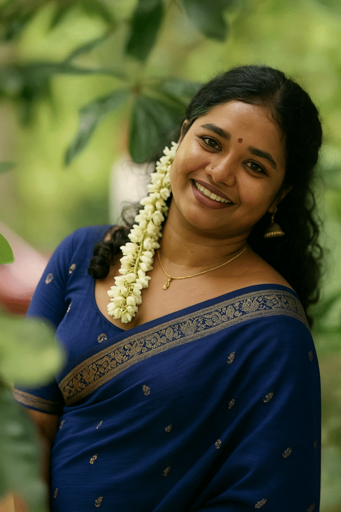 A smiling Indian woman with dark, curly hair, adorned with a long string of white jasmine flowers cascading over her left shoulder, stands outdoors amidst green foliage. She is wearing a dark blue saree with golden patterns and a matching short-sleeved blouse. She has a delicate gold necklace and a gold jhumka earring in her right ear. A small red bindi is on her forehead. She is looking directly at the viewer with a wide, friendly smile, showing her teeth. The foreground and background are blurred with green leaves and hints of other foliage.