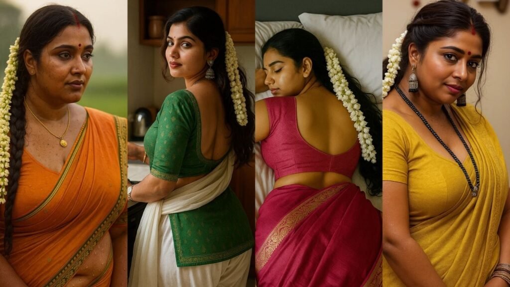 A four-panel image showcasing different women, each adorned with traditional Indian attire and jasmine flowers. The first panel on the left shows a medium shot of a woman, likely in her 40s, outdoors. She is looking to the right with a serious expression. She wears an orange saree with a green border, a gold necklace, and a red bindi. Her dark hair is in a long braid adorned with white jasmine flowers. The second panel from the left captures a woman, likely in her 20s or 30s, in a kitchen. She is looking over her right shoulder at the viewer. She is dressed in a green blouse with gold patterns and an off-white mundu, and her dark hair features a long string of white jasmine. She wears large silver earrings. The third panel from the left, an overhead shot, features a woman lying on her side on a white bed, seen from the back. Her eyes are closed, and she wears a maroon saree with a gold border and a matching blouse. Her dark hair is adorned with a long string of white jasmine flowers. The fourth panel on the right shows a medium shot of a woman, likely in her 20s or 30s, looking directly at the viewer with a soft expression. She is wearing a mustard yellow saree with a deep V-neckline, a long black beaded necklace, and large dark jhumka earrings. Her dark hair is partially pulled back with a long string of white jasmine flowers.