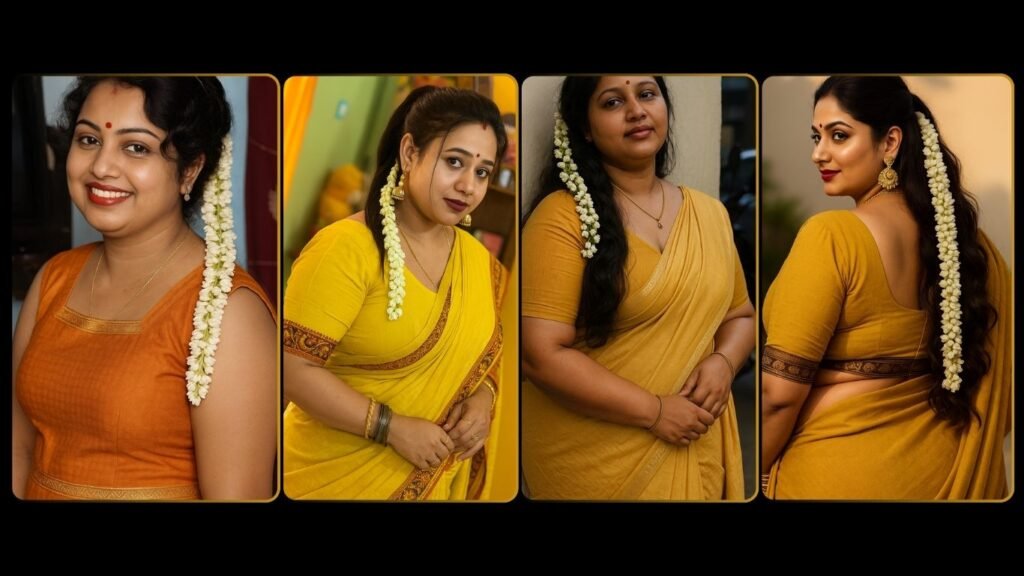 A horizontal collage of four portraits of Indian women, each wearing a sari and adorned with white jasmine flowers in their hair. From left to right: A close-up of a smiling woman in an orange sleeveless top with a gold border. Her dark, curly hair is pulled back, with flowers draped over her left shoulder. She has a red bindi and red lipstick. A medium shot of a woman in a bright yellow sari with a patterned border, looking over her shoulder with a slight smile. Her hair is in a ponytail with flowers, and she wears large gold jhumka earrings and bangles. A medium shot of a woman in a mustard yellow sari, looking towards the viewer with a neutral expression. Her hair is loose with flowers draped over her left shoulder. She wears a gold chain and bangles. A medium close-up from the back of a woman in a mustard yellow sari, looking over her left shoulder. Her long, dark, wavy hair is adorned with a long string of flowers, and she wears large gold earrings and red lipstick.