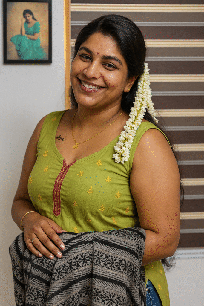 A smiling woman with dark hair pulled back, looks directly at the viewer. A long string of white jasmine flowers is draped over her right shoulder. She is wearing a sleeveless olive green top with subtle gold embroidery and a V-neckline featuring a reddish-brown trim. A thin gold chain with a small pendant is around her neck, and a small red bindi is on her forehead. Her left hand rests on a folded dark grey and white patterned shawl or fabric. In the upper left corner, a framed picture of a woman in a green outfit is visible. The background features vertical blinds.