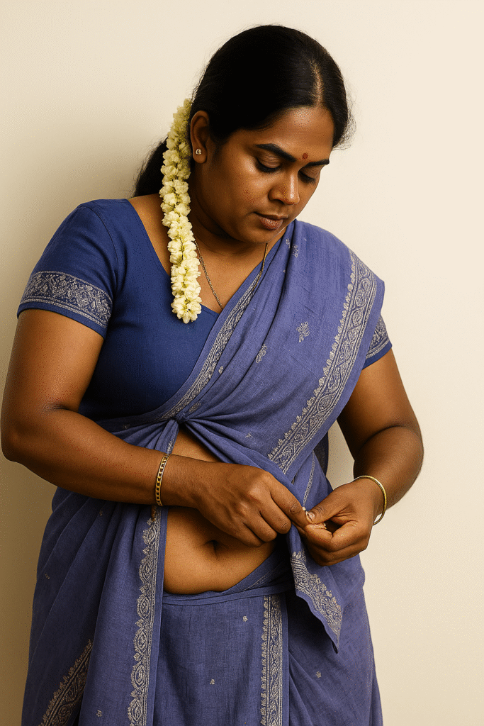 An Indian woman with a wide smile, wearing a traditional green saree with gold borders and a matching blouse. Her hair is adorned with a long garland of white jasmine flowers draped over her left shoulder. She is sitting with her hands resting on her knees, looking directly at the viewer. She wears gold earrings and a gold bangle on her right wrist, and a small tattoo is visible on her left wrist. A red bindi is on her forehead. The background features a light-colored wall and a dark wooden object.