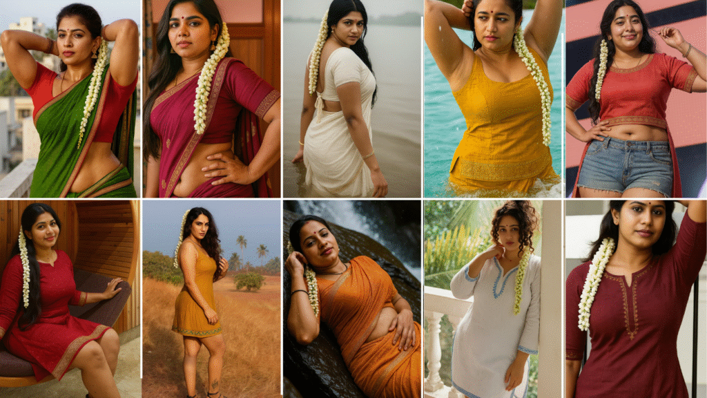 A collage of ten images featuring different Indian women, each adorned with white jasmine flower garlands (gajras) in their hair. Top Row (left to right): A woman in a green saree with a red blouse, posing outdoors with her arms raised, showcasing her midriff. A woman in a maroon saree, posing with her hand on her hip, showcasing her midriff. A woman in a cream-colored saree, looking back over her shoulder while standing outdoors. A woman in a mustard yellow top and lower garment, standing waist-deep in water with her arms raised. A woman in a red top and blue denim shorts, posing with hands on hips, showcasing her midriff. Bottom Row (left to right): 6. A woman in a red dress, seated and looking to the side with one hand on her chin. 7. A woman in a mustard yellow mini-dress, standing outdoors with one leg slightly bent. 8. A woman in a rust-orange saree, reclining on a wet rock, with her hand on her midriff. 9. A woman in a light-colored dress with blue trim, standing on a balcony with one arm raised. 10. A woman in a maroon kurti, seated and looking directly at the viewer.