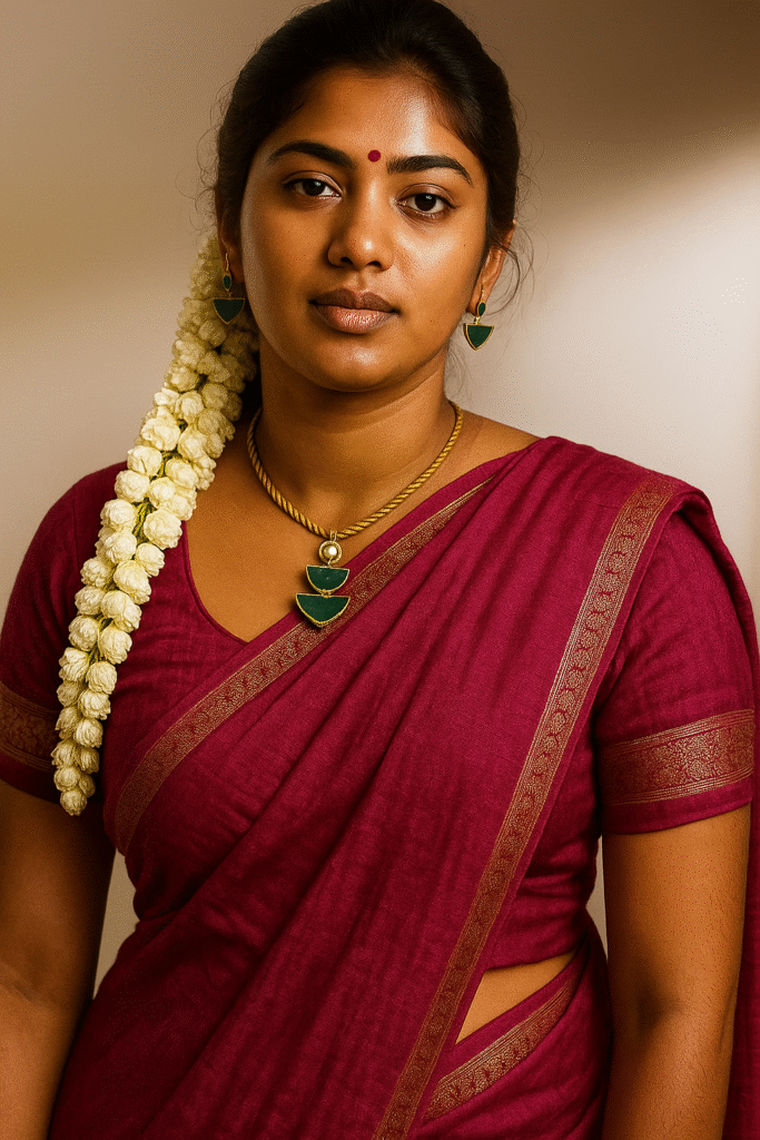 An Indian woman with a neutral expression, looking directly at the viewer. She has dark hair adorned with a long string of white jasmine flowers cascading over her left shoulder. She is wearing a deep maroon saree with golden patterns on the borders and a matching short-sleeved blouse. She wears a gold choker necklace with three green, teardrop-shaped pendants and matching green and gold earrings. A small red bindi is on her forehead. The background is a plain, light brown or beige wall with natural light casting shadows.