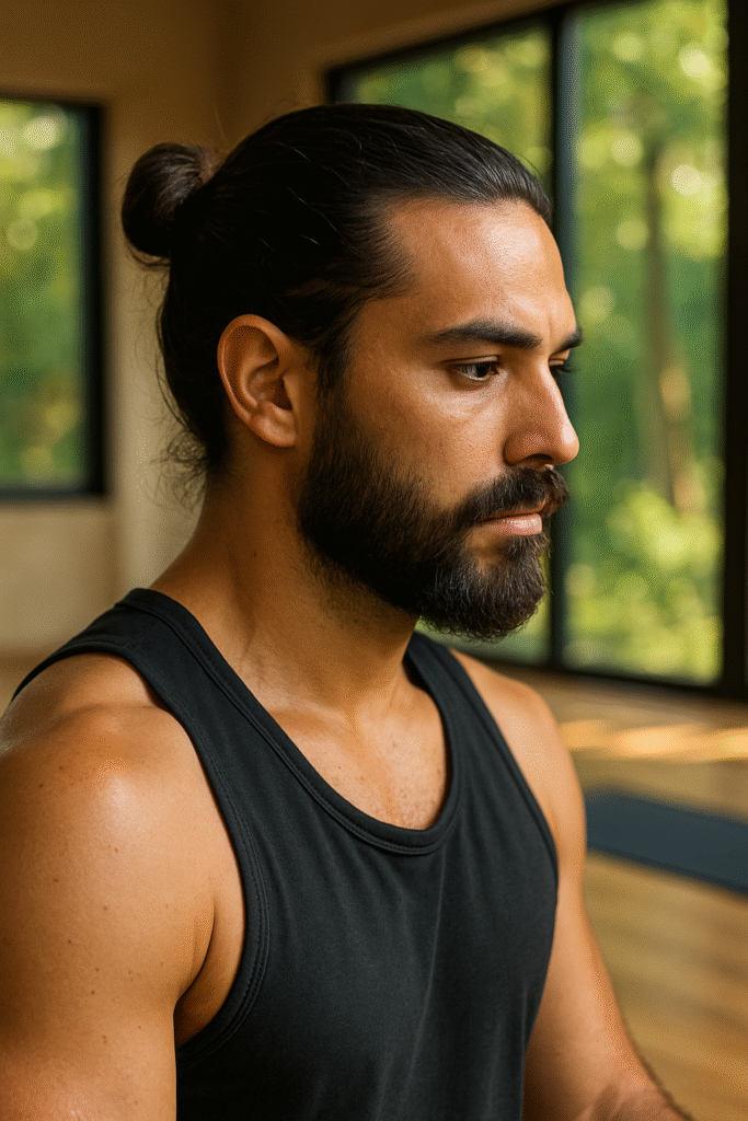 A close-up profile shot of a man with dark hair tied in a neat bun at the back of his head and a full, well-groomed beard. He is wearing a black tank top and is looking thoughtfully to his right. His skin is tanned, and the lighting highlights the contours of his face. In the blurred background, large windows reveal green foliage outside, suggesting an indoor setting with natural light and a view of trees.