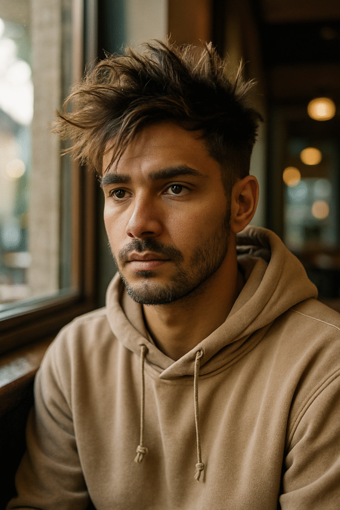 A medium shot of a young man with messy, dark brown hair and a light beard, looking thoughtfully out of frame to his right. He is wearing a beige or light brown hoodie with visible drawstrings. The lighting suggests an indoor setting, possibly a cafe, with blurred background elements including a window and warm, out-of-focus lights. His expression is contemplative or serious.