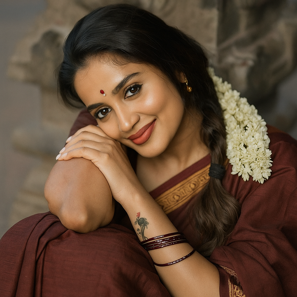 A young woman with dark hair styled in a braid, adorned with a string of white flowers, is smiling and looking directly at the camera. She is leaning forward with her arms crossed and resting on her knees. She is wearing a maroon saree with a gold and black border, and a bindi is visible on her forehead. Multiple thin dark bangles are on her left wrist, and a tattoo of a rooster and a palm tree is visible on her inner left forearm. She has subtle makeup, including a light pink lipstick, and a small gold earring is visible in her right ear. The background appears to be a blurred stone or ancient structure.