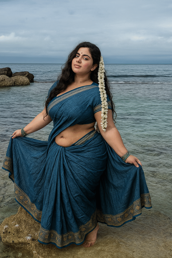 A Most beautiful Indian women ever with long, dark, wavy hair, adorned with a string of white flowers on her left side, stands in shallow, clear blue water at the edge of a rocky shore. She is wearing a dark blue saree with a gold and black patterned border, draped to expose her midriff. Her arms are outstretched to hold the fabric of her saree, creating a full skirt-like appearance. She has bangles on both wrists and a nose ring. The sky above is cloudy, and the ocean extends behind her with some rocks visible in the water.