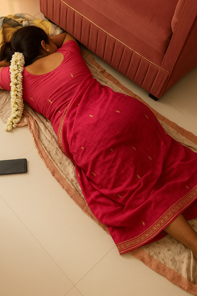 An overhead shot captures a woman lying face down on a light-colored mat with striped borders, next to a maroon sofa. Her dark hair is adorned with a long string of white flowers trailing down her back. She is wearing a vibrant pink saree with a subtle gold patterned border and small gold motifs scattered across it, and a matching blouse. Her arms are stretched out above her head, hidden from view. A dark smartphone lies on the mat near her left side. The lighting is soft, creating a calm atmosphere.