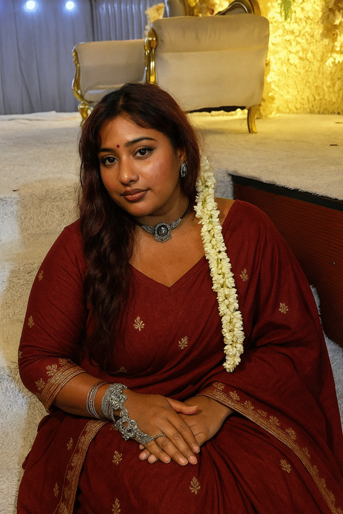 A Indian woman with long, reddish-brown hair, adorned with a string of white flowers on her left side, is seated on a textured white surface, possibly carpet or fabric. She is wearing a dark red saree with subtle gold embroidery throughout and a gold border. Her hands are clasped in front of her, showcasing an elaborate silver hand ornament and multiple silver bangles on her left wrist. She is also wearing a silver choker necklace with a large circular pendant and matching earrings. A small red bindi is visible on her forehead. She is looking towards the viewer with a serene expression. In the blurred background, there are two light-colored upholstered chairs and a decorated wall with draped fabric and lights, suggesting an event or wedding setting.