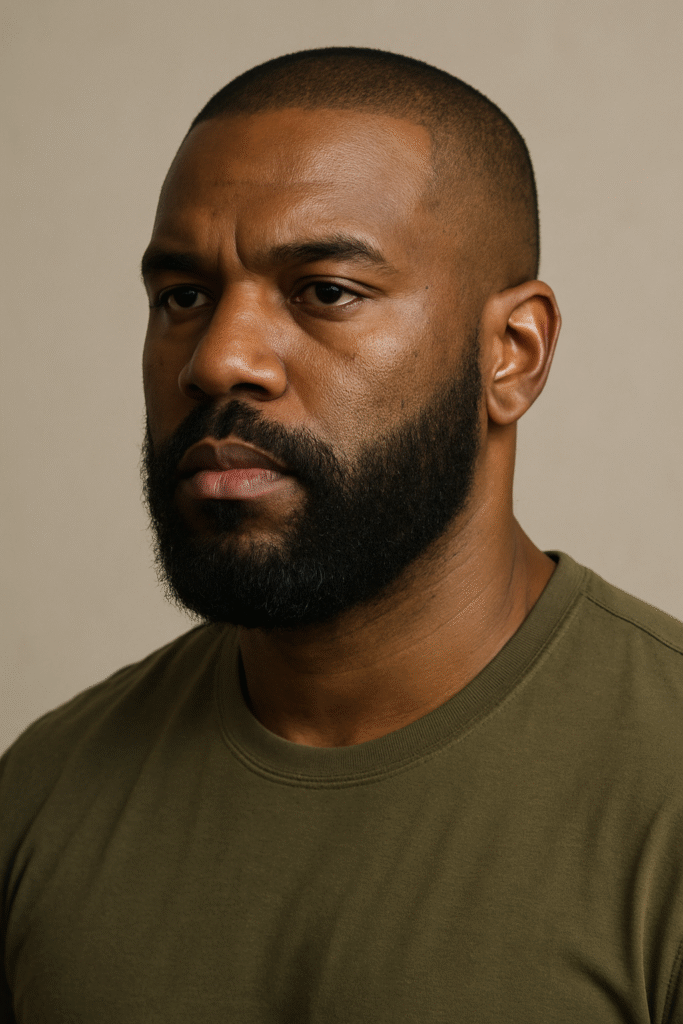 A headshot of a man with dark skin, a close-cropped buzz cut, and a full, dense black beard. He is looking directly at the viewer with a serious and intense expression, with a slight furrow in his brow. He is wearing a plain olive green t-shirt. The background is a solid, light grayish-brown, providing a clean and minimal backdrop.
