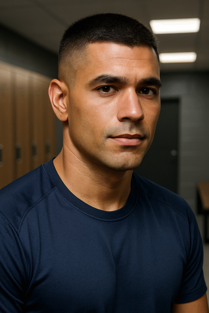 A headshot of a man with a short buzz cut and a fade on the sides, looking directly at the viewer with a neutral and focused expression. He has dark eyes and well-defined features. He is wearing a dark blue athletic t-shirt. The background is softly blurred, showing what appears to be a locker room or gym with light-colored lockers and a dark door.