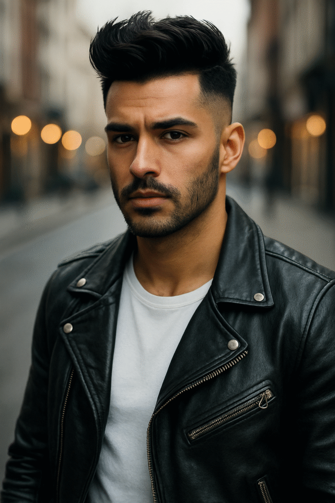 A medium shot of a man with dark, textured hair styled in a high quiff and faded sides, looking directly at the viewer with a serious and intense expression. He has a well-groomed short beard. He is wearing a black leather jacket with silver snaps and zippers over a plain white t-shirt. The background is a blurred street scene with warm, circular bokeh lights, suggesting an urban environment at dusk or night.
