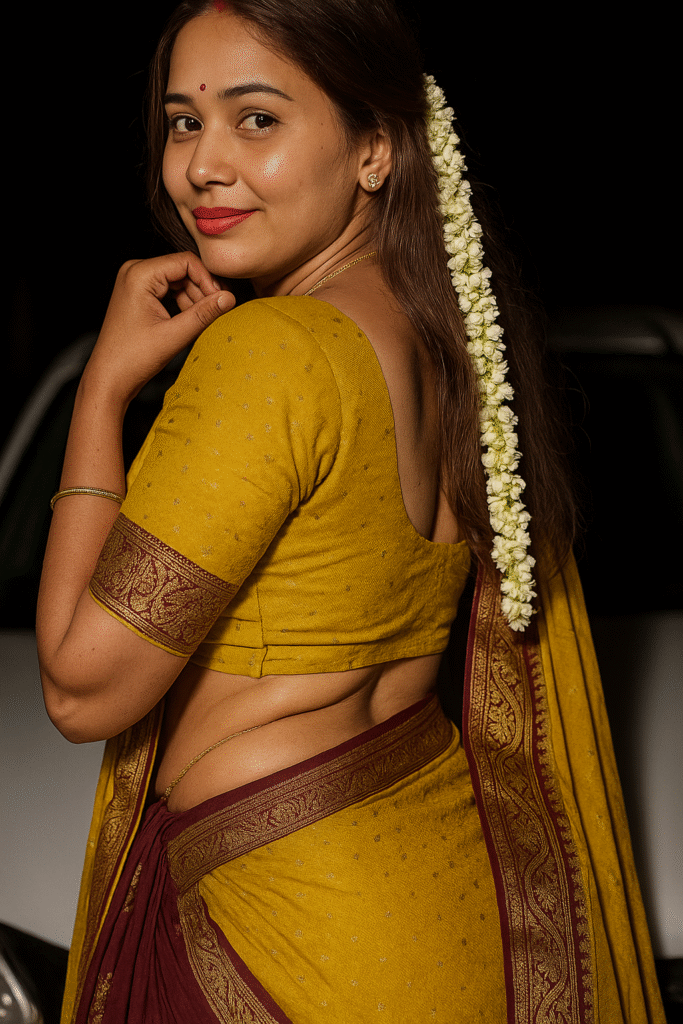 A woman with long, dark hair, with a long string of white jasmine flowers draped over her left shoulder, looks back over her right shoulder with a slight smile. She is wearing a mustard yellow saree with dark red and gold patterned borders, and a matching mustard yellow blouse that exposes her midriff. Her right hand is raised to touch her neck or hair. She has a red bindi on her forehead and red lipstick. A thin gold chain is visible around her waist. The background is dark and blurred, possibly an outdoor night scene with a light-colored vehicle faintly visible.