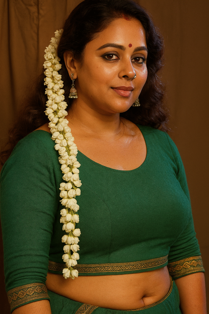 An Indian woman with a wide smile, wearing a traditional green saree with gold borders and a matching blouse. Her hair is adorned with a long garland of white jasmine flowers draped over her left shoulder. She is sitting with her hands resting on her knees, looking directly at the viewer. She wears gold earrings and a gold bangle on her right wrist, and a small tattoo is visible on her left wrist. A red bindi is on her forehead. The background features a light-colored wall and a dark wooden object.