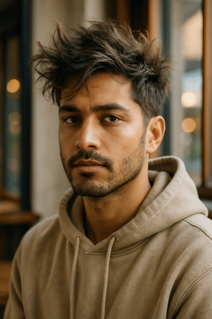 A medium shot of a young man with messy, dark brown hair and a short beard, looking directly at the viewer with a serious and intense expression. He is wearing a beige or light brown hooded sweatshirt. The background is softly blurred, showing an indoor setting with hints of windows and warm light, suggesting a cafe or casual environment.