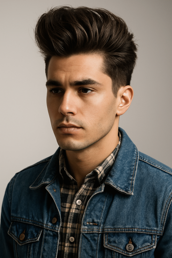 A medium shot of a young man with voluminous, dark brown hair styled upwards and to the side, looking off to his left with a serious expression. He is wearing an open blue denim jacket over a beige and brown plaid shirt. The background is a plain, light gray or white, focusing attention on the man.