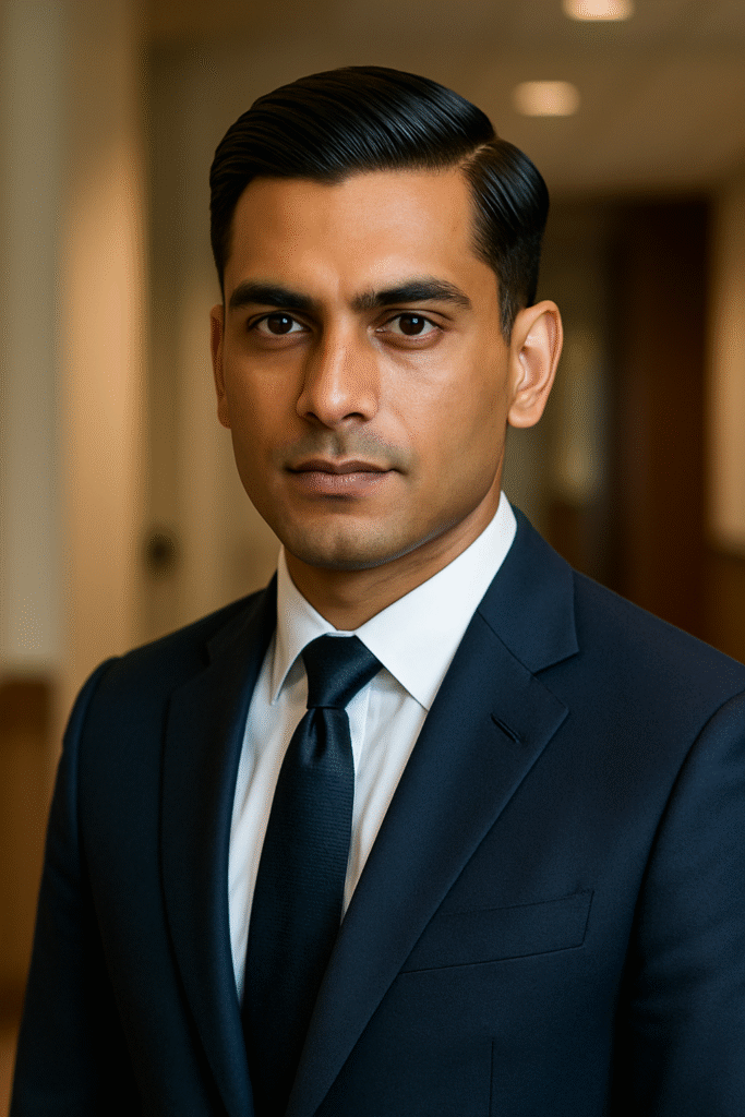 A headshot of a well-groomed man with dark, neatly side-parted hair, looking directly at the viewer with a serious and direct expression. He is wearing a dark blue suit jacket, a white collared shirt, and a dark tie. The lighting is soft and even, highlighting his features. The background is blurred, showing warm, neutral tones, suggesting an indoor professional setting.