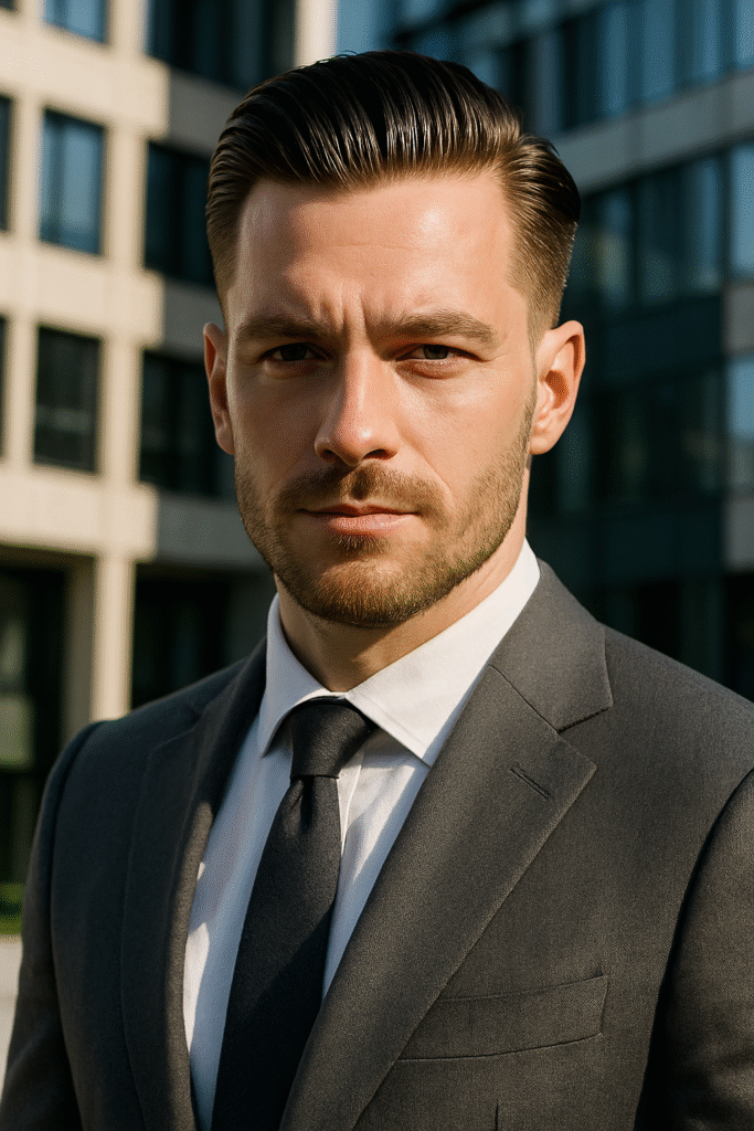A medium shot of a man with slicked-back, dark blonde or light brown hair and a neatly trimmed beard, looking directly at the viewer with a serious and direct expression. He is wearing a charcoal gray suit jacket, a crisp white collared shirt, and a dark tie. The background is an out-of-focus modern building with large windows and a clear blue sky, indicating an outdoor urban or business setting in bright daylight.