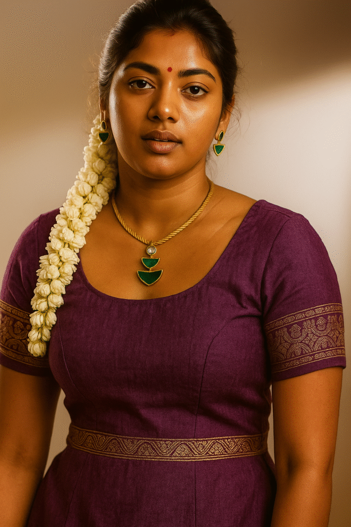 An Indian woman with a neutral expression, looking directly at the viewer. She has dark hair adorned with a long string of white jasmine flowers cascading over her left shoulder. She is wearing a deep plum or maroon-colored top or dress with a round neckline and short sleeves, featuring an ornate green and gold trim around the neckline and a golden patterned band at the waist. She wears a gold choker necklace with three green, teardrop-shaped pendants and matching green and gold earrings. A small red bindi is on her forehead. The background is a plain, light brown or beige wall with natural light casting shadows.