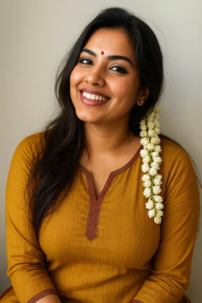 A medium shot captures a woman looking back over her shoulder with a pleasant expression and a slight smile. She has long, dark hair, with a thick string of white jasmine flowers draped over her left shoulder and cascading down. She is wearing a green saree with a gold patterned border, and a matching blouse with subtle gold polka dot designs. She has henna designs on both hands, and is wearing several red bangles on each wrist, along with a golden waist chain. A delicate gold necklace with a floral pendant and small gold earrings are visible. A small red bindi adorns her forehead, and a subtle line of red vermilion is visible in her hair part. The background is blurred, showing outdoor greenery and a hint of white strings of flowers hanging from trees.
