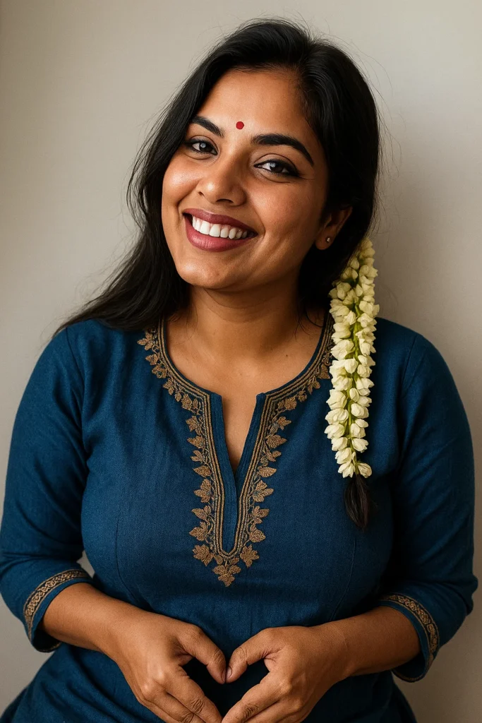 A medium shot captures a woman looking at the camera with a pleasant expression and a slight smile. She has dark hair styled in a braid, adorned with a thick string of white jasmine flowers that cascades down her left side. She is wearing a green dress with a golden patterned border on the sleeves and a gold heart-shaped pendant on a simple gold chain around her neck. She wears red and gold bangles on her left wrist and a gold bracelet on her right. A red bindi adorns her forehead. The background is blurred, showing a bright window and some light-colored soft furnishings.